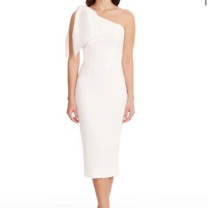 Dress the Population One-Shoulder Cream Midi Dress with Shoulder Bow
